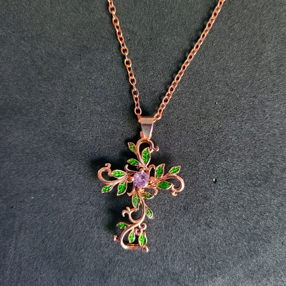 ROSE CROSS NECKLACE HOLY FLOWER CROSS PENDANT JESUS TREE OF LIFE LEAF